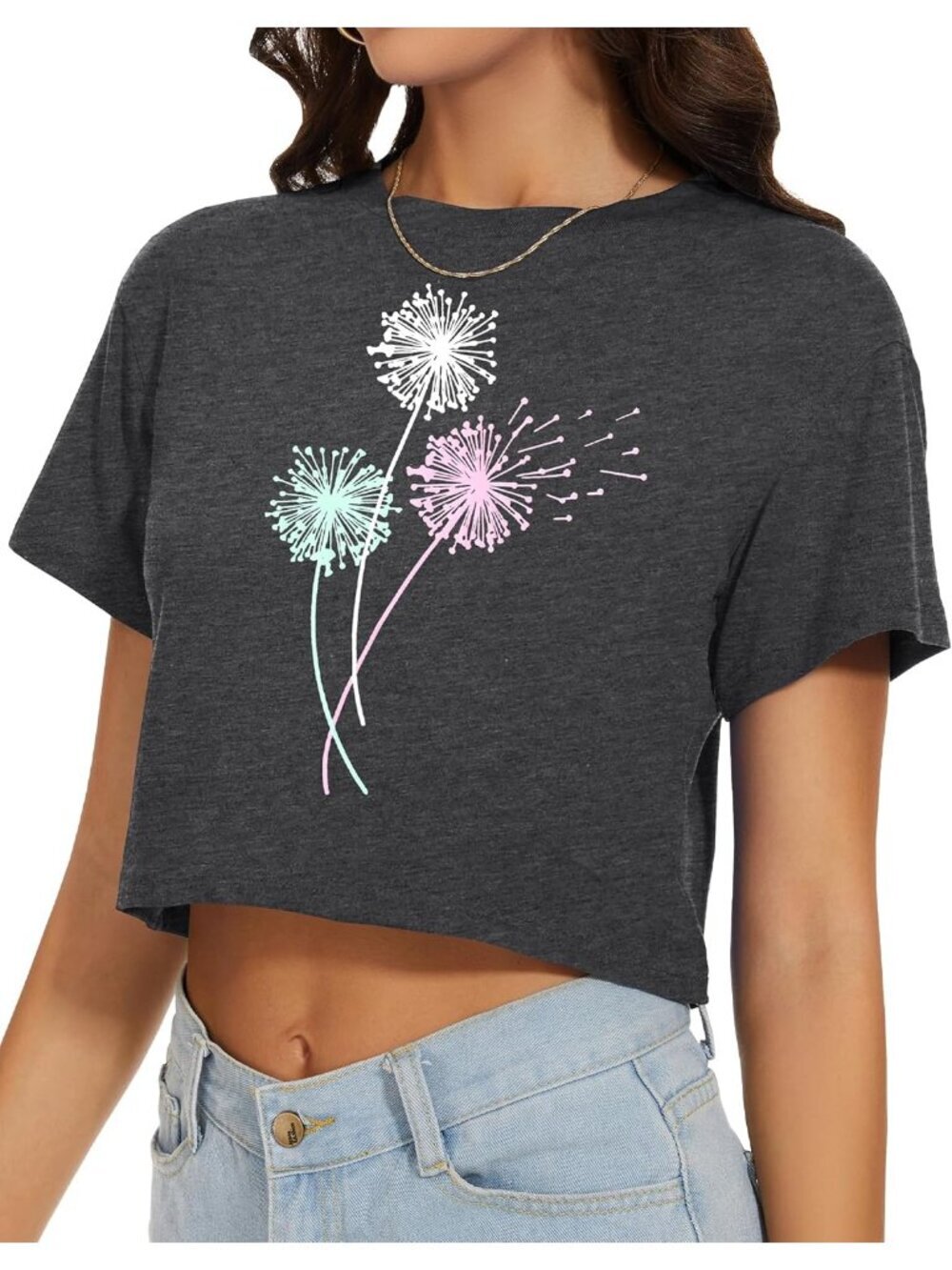 〽️Women's Colorful Dandelion Short Sleeve Round Neck Loose Fit Summer Crop Tops